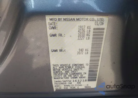 2016 Nissan Altima 2.5 Sv from USA, damaged, VIN 1N4AL3AP7GC163218